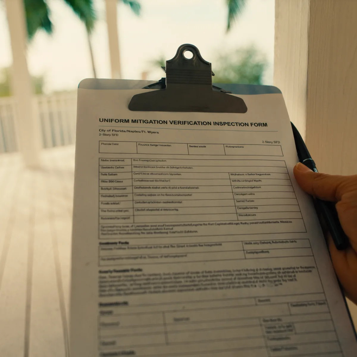Inspector's clipboard with a Florida insurance inspection form on a porch railing