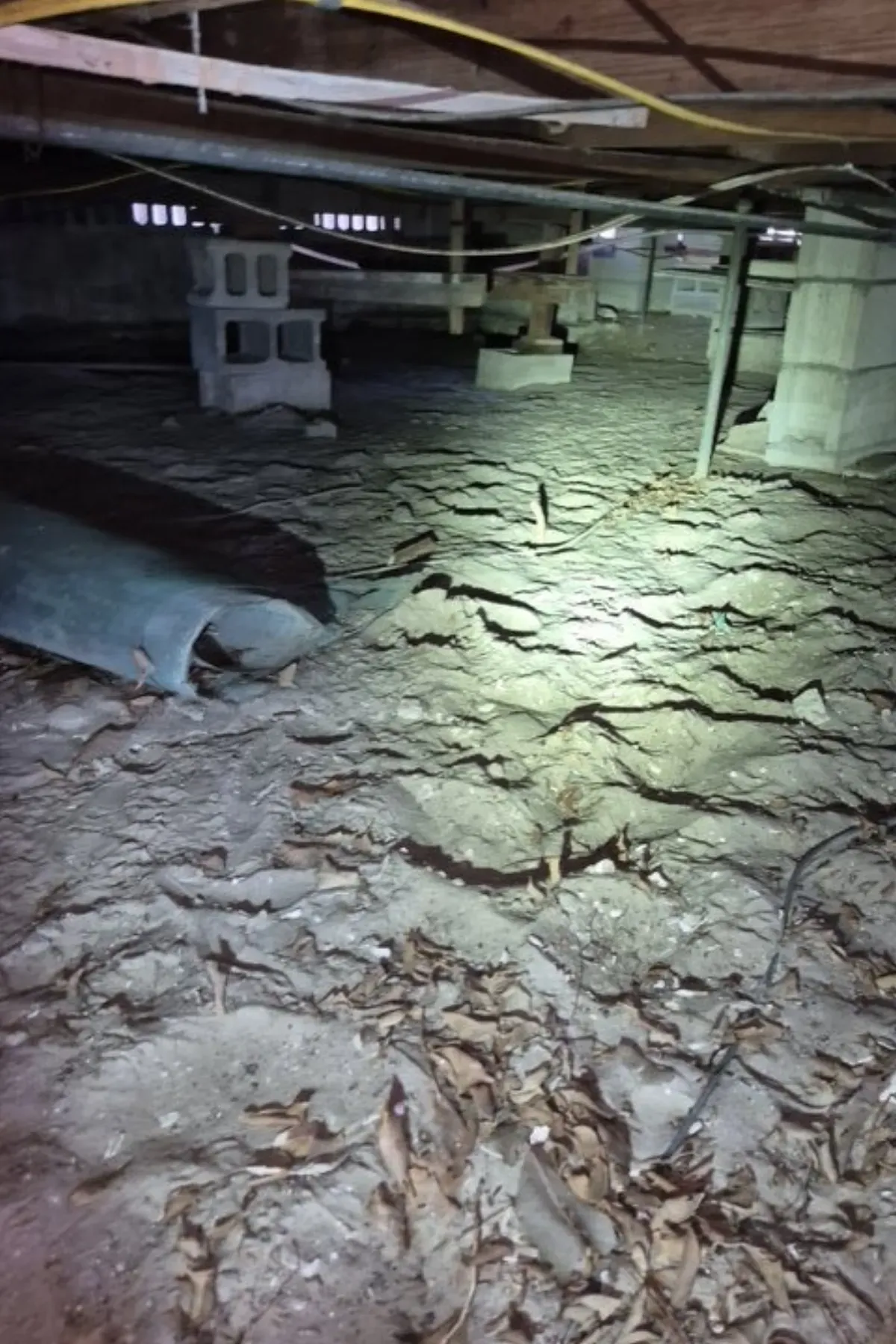Cracked soil and a settling block pier found in a Florida crawlspace during a home inspection